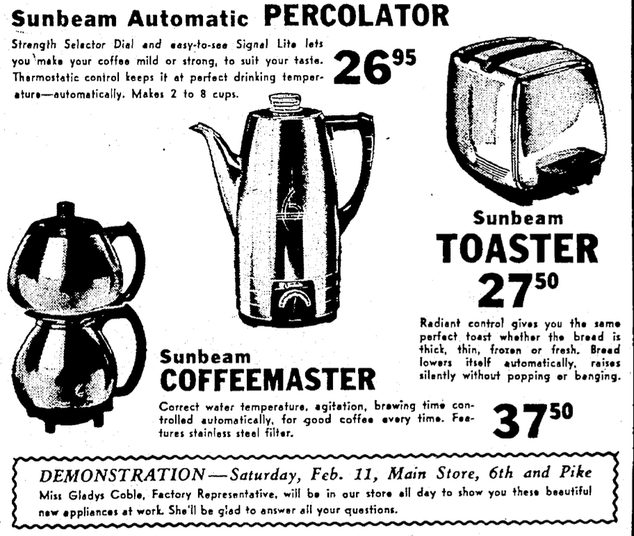 an ad from 1956 showing a sunbeam coffeemaster for $37.50 and sunbeam toaster for $27.50
